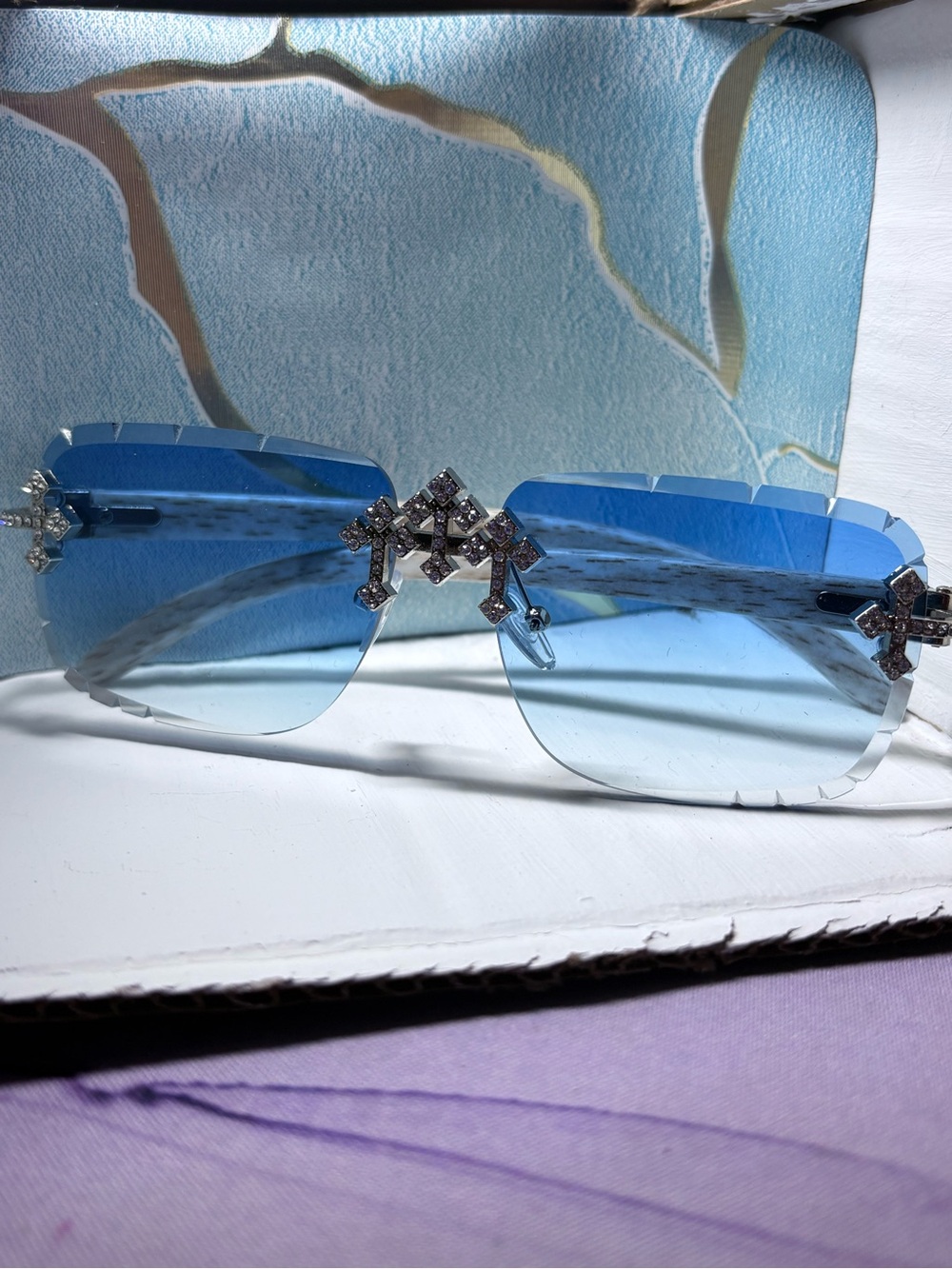 Blue Rhinestone Accent Rimless Sunglasses NWOT